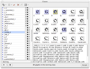 Kerning class definition in FontLab Studio 5.2 (image)